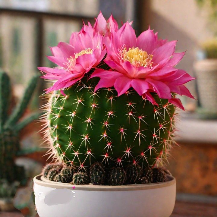 a cactus with pink flowers in a white pot