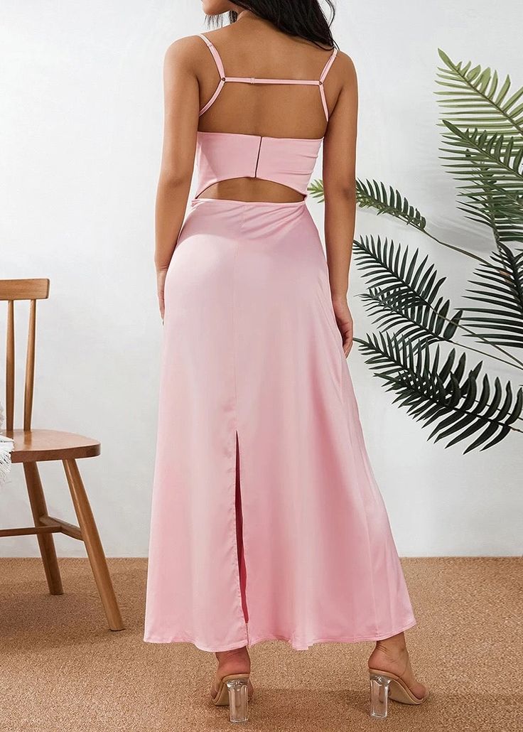 Look sophisticated and feel glamorous in this pink Cami Slip Satin Maxi Dress. Made of soft satin fabric, this stunning dress is sure to impress. Perfect for any formal occasion or night out, this maxi dress is sure to turn heads. Material: Polyester Fit Type: Slim Fit Fabric Type: SATIN Elasticity: Non Stretch Pink Floor-length Maxi Dress For Prom, Satin Dress For Wedding Guest During Prom Season, Pink Maxi Dress For Prom, Pink Halter Neck Formal Evening Dress, Satin Finish Maxi Dress For Prom, Chic Satin Finish Floor-length Maxi Dress, Formal Pink Halter Neck Evening Dress, Chic Satin Finish Backless Maxi Dress, Spring Backless Satin Finish Maxi Dress