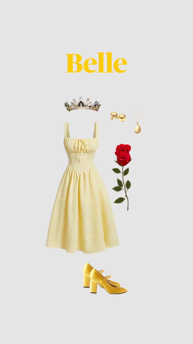 a woman's yellow dress, shoes and tiara with the word belle on it