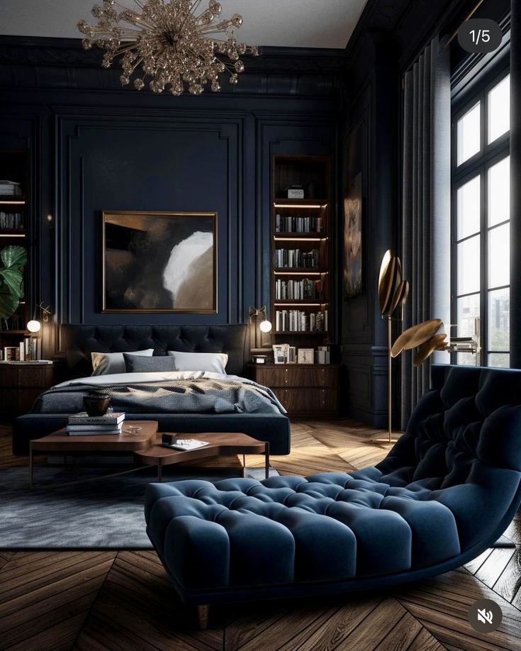 an elegant bedroom with dark blue walls and wood flooring is furnished with modern furniture