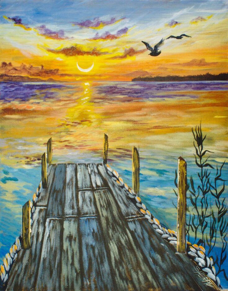 a painting of a dock at sunset with birds flying over the water in the background