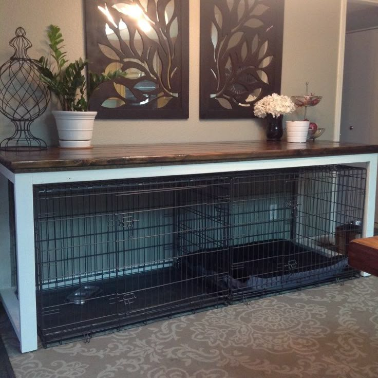 a large dog crate with some plants on top and two pictures above it in the background