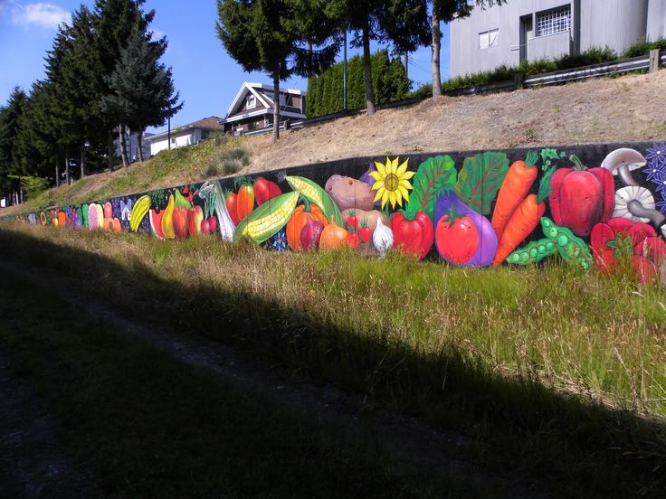 a colorful mural painted on the side of a building next to a grassy field with trees and buildings in the background