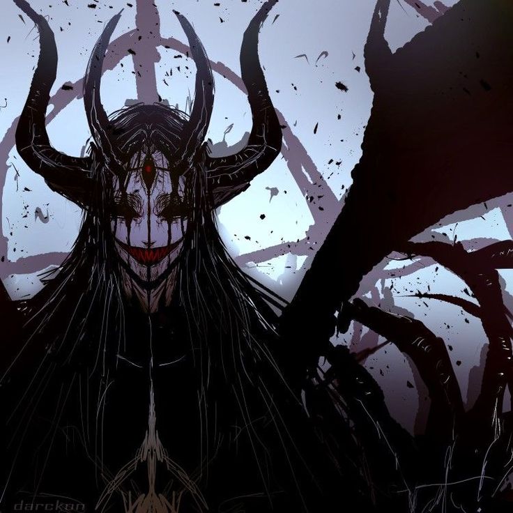 an evil woman with horns and blood on her face