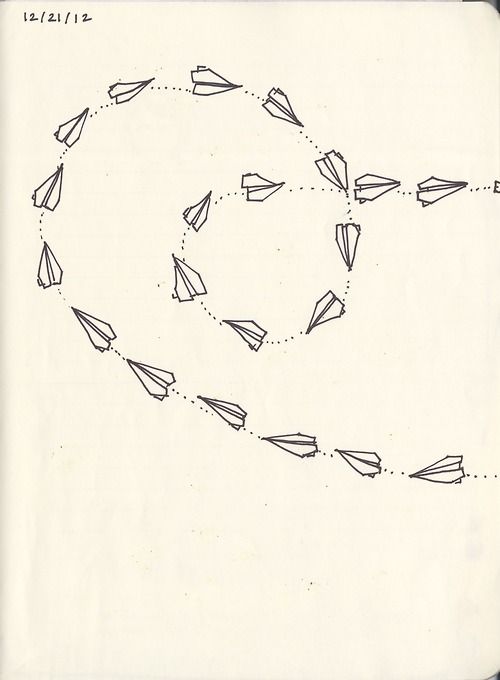 a black and white drawing of a long line of paper airplanes flying through the air