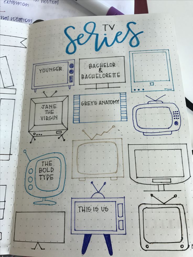 an open notebook with sketches of tvs and the words series written in blue ink