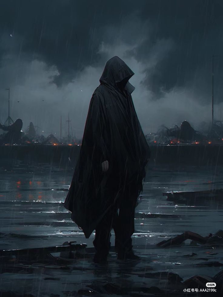 a man standing in the rain wearing a hooded jacket