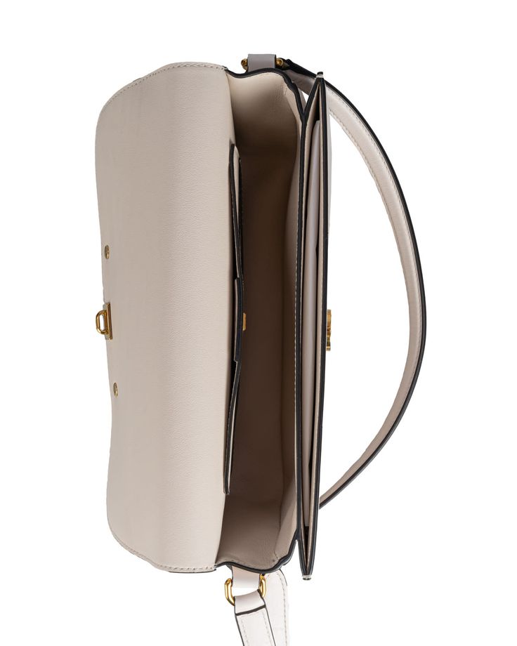 Composition: 100% Calfskin Designer Beige Flap Bag, Luxury Beige Flap Bag, Designer Beige Flap Bag With Gold-tone Hardware, Designer Beige Leather Flap Bag, Classic Calf Leather Bag With Gold-tone Hardware, Beige Flap Bag With Gold-tone Hardware, Beige Calf Leather Bag With Adjustable Strap, Beige Satchel Saddle Bag For Formal Occasions, Designer Beige Calf Leather Shoulder Bag