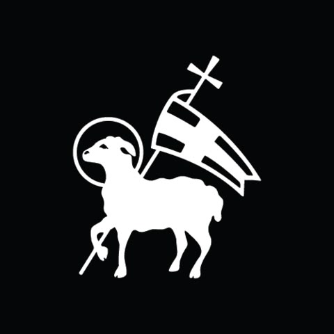 a black and white image of a sheep with a cross