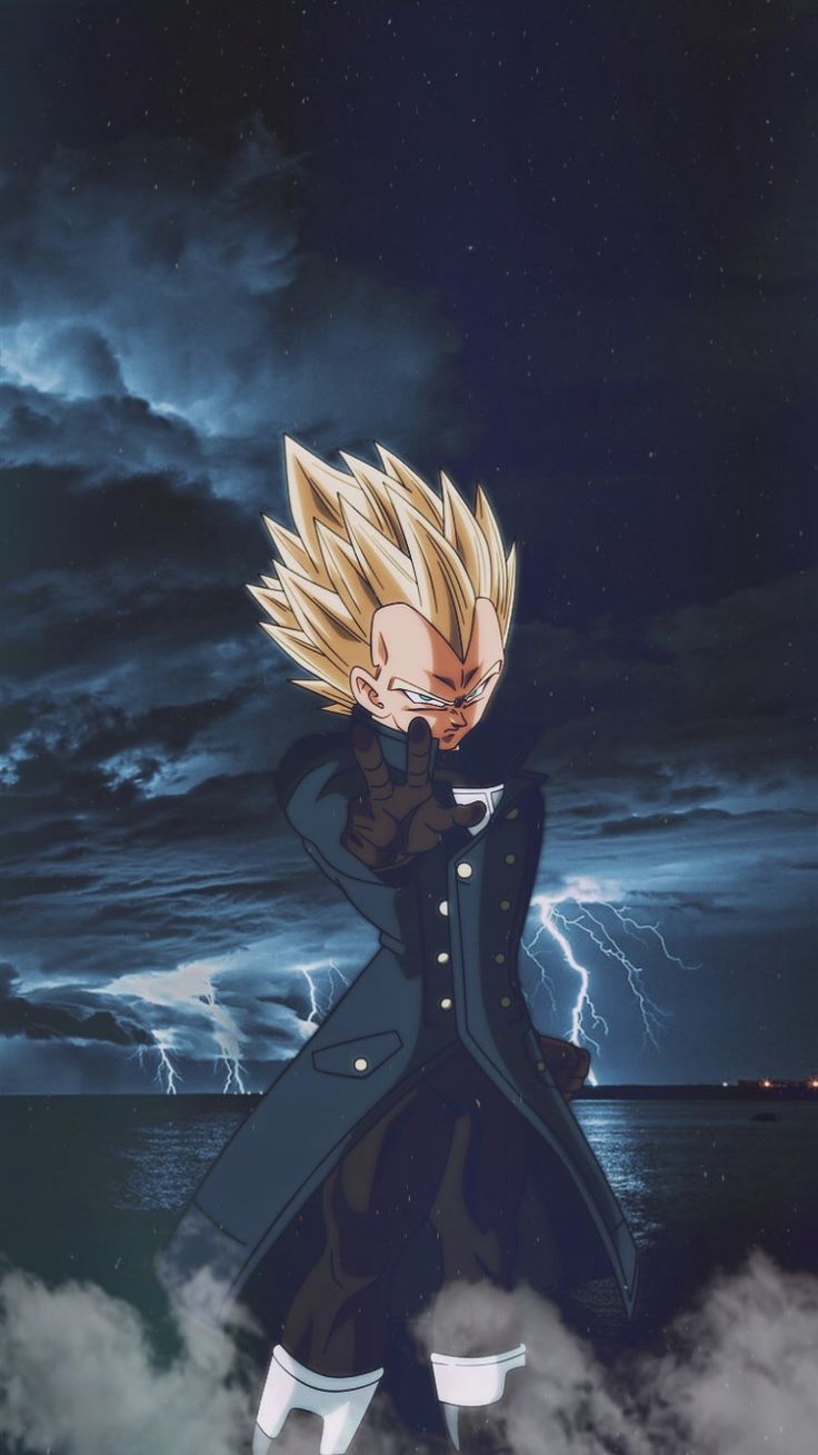 the young gohan is standing in front of some clouds with lightning behind him and his head