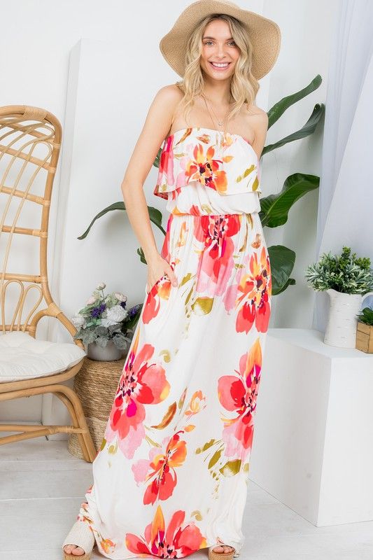 - Floral offshoulder maxi dress- Tube top neckline- Ruffle layers - Elastic waist side pockets- Floral print jersey - Model is 5' 8" 34-24-34 and wearing a Small- S/M/L 2-2-2- 95% RAYON, 5% SPANDEX- MADE IN U.S.AMade In: Made In U.S.AFabric Contents: 95% RAYON, 5% SPANDEX White Strapless Maxi Dress With Floral Print, White Strapless Maxi Dress For Day Out, Casual Strapless Maxi Dress For Spring, Casual Off-shoulder Printed Maxi Dress, White Off-shoulder Loose Fit Maxi Dress, Casual Off-shoulder White Maxi Dress, Casual White Off-shoulder Maxi Dress, White Off-shoulder Floral Print Maxi Dress, White Off-shoulder Maxi Dress With Floral Print