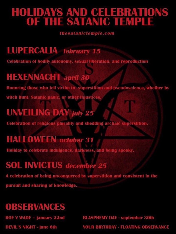 an event poster for the satanic temple, with red and black text on it