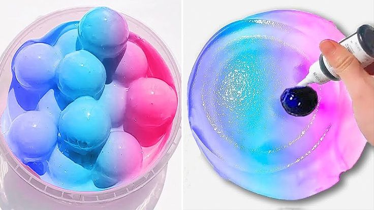 two pictures one is blue and the other has pink and white eggs in a plastic container