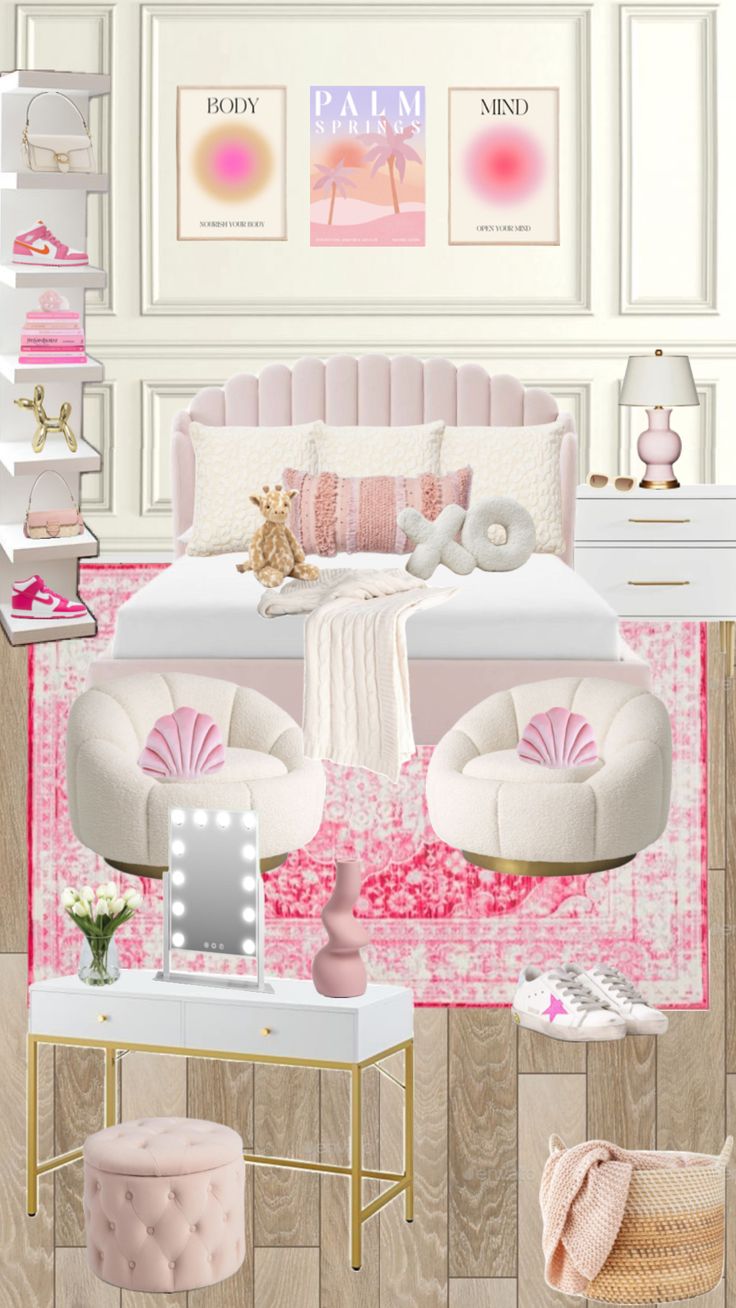 a bedroom with pink and white furniture in it