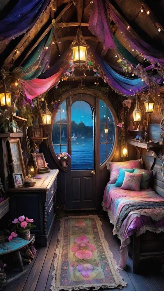 a room with a bed and some lights on the ceiling is decorated in fairy colors