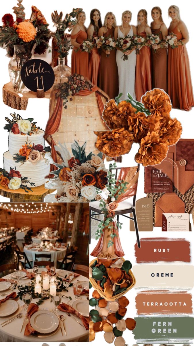 a collage of wedding colors and bridesmaid's bouquets in orange