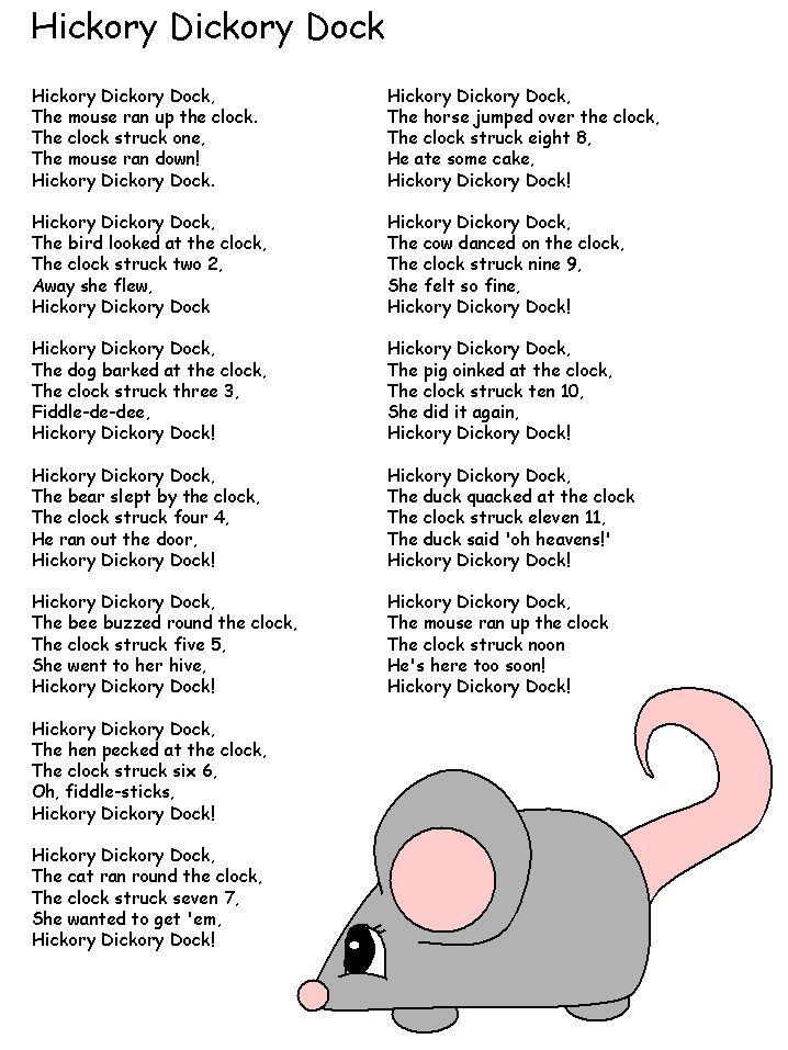 a book page with an image of a mouse and the words hickory dickery dock