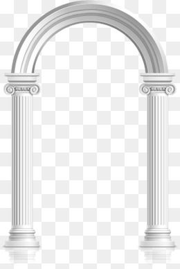 an arch in the middle of a white wall, with columns and pillars on each side