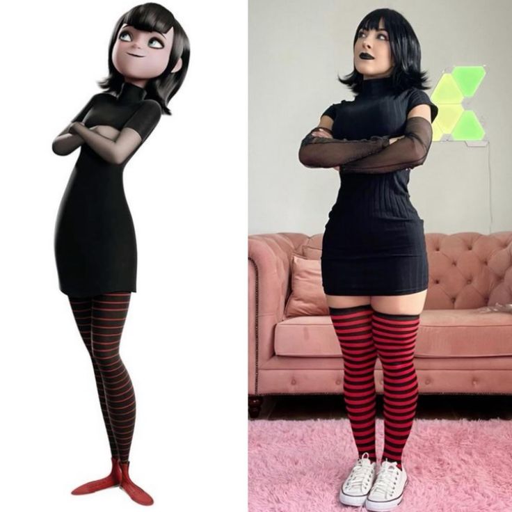 a woman in black dress and red striped stockings standing next to an image of a cartoon character