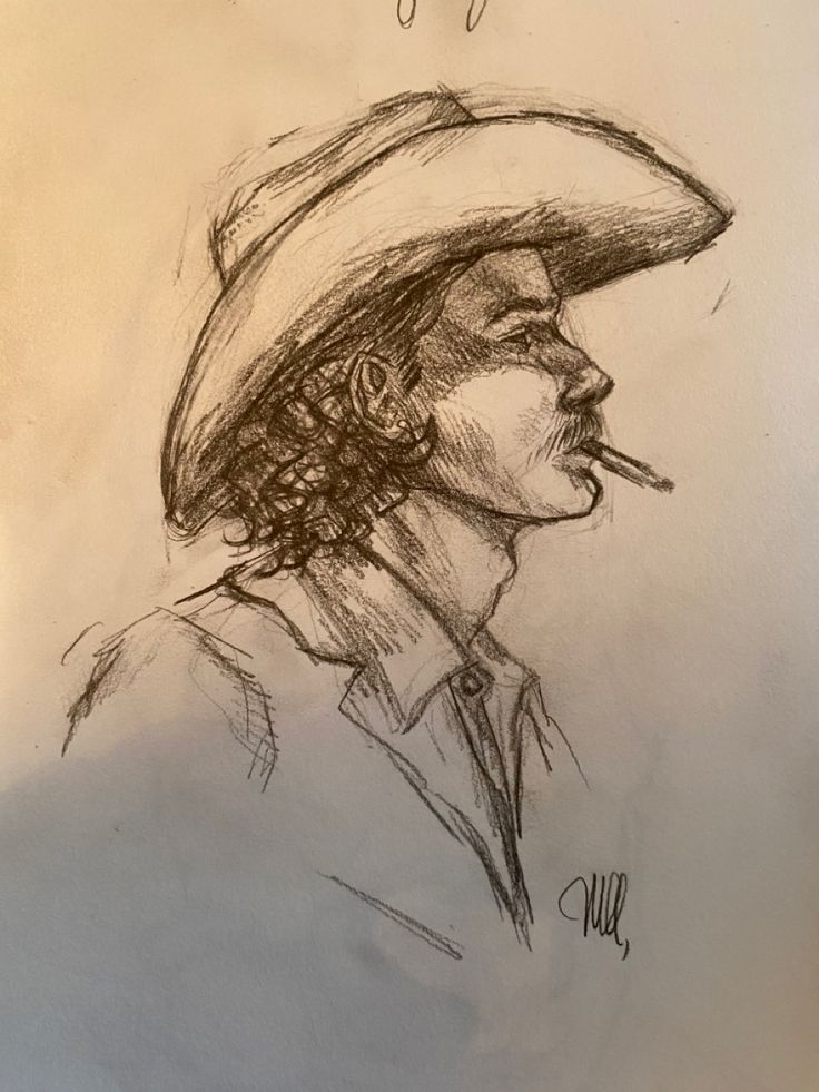 Cowboy Pencil Sketch my Margaret Asjes Fun Simple Sketches, Pencil Sketch Inspiration, Art Sketches Pencil For Beginners, Sketching Of Nature, Sketches And Drawings, Western Sketches Pencil, Simple Country Drawings, Simple Cowboy Drawing, Country Boy Drawing