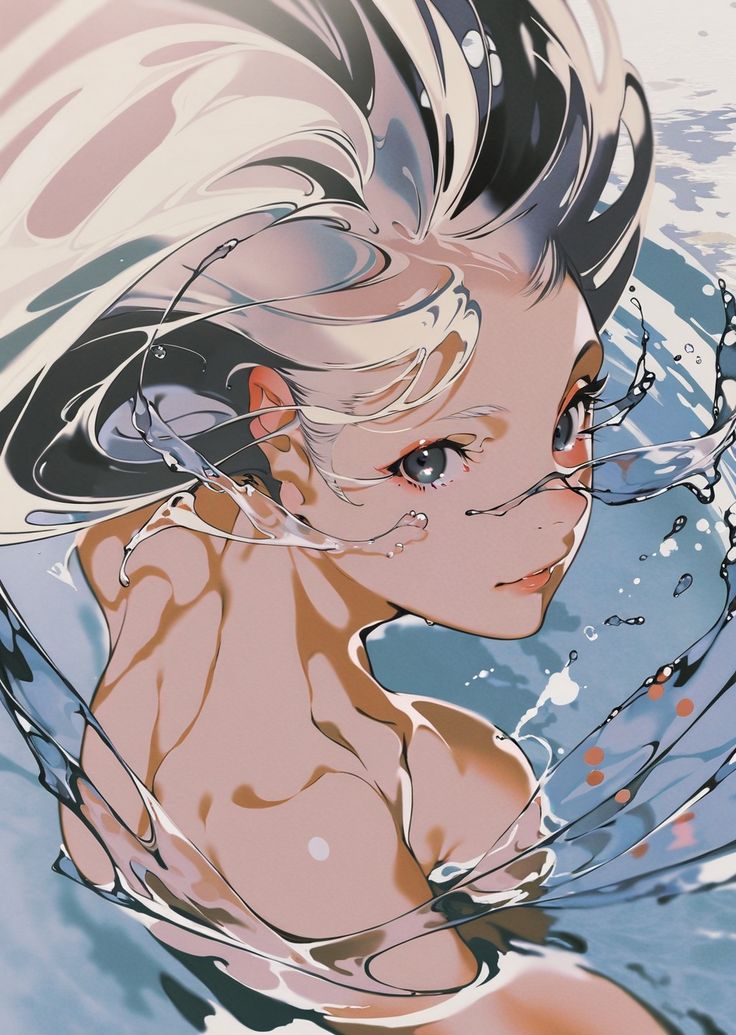 an anime character is in the water with her hair blowing back and looking at the camera