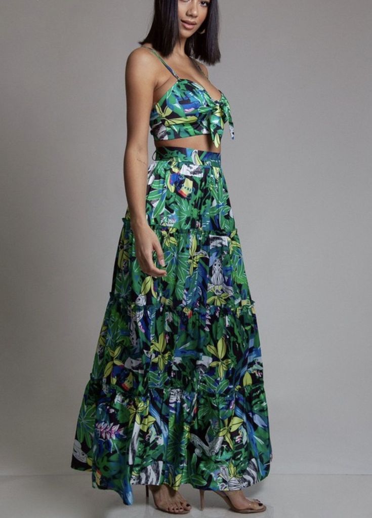 Green Forest Print Skirt Set - Everything Girls Like Boutique Green Tiered Maxi Skirt For Summer, Fitted Tiered Maxi Skirt For Vacation, Green Maxi Skirt For Day Out, Summer Two-piece Tiered Skirt Dresses, Floral Print Tiered Maxi Skirt For Beach, Summer Two-piece Dresses With Tiered Skirt, Tiered Floral Print Maxi Skirt For Beach, Green Tiered Beach Skirt, Two-piece Long Skirt Dress For Vacation