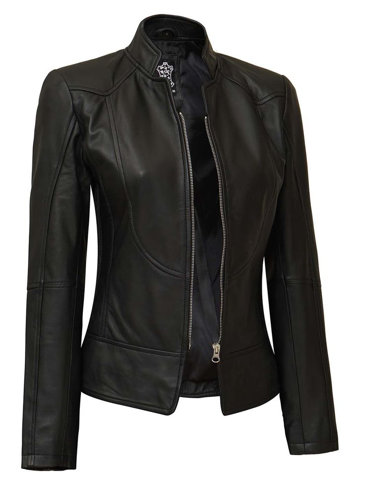 Womens Black Leather Biker Jacket Are you looking to build a cool look? Try this Womens Black biker leather jacket. This jacket is made of high-quality real leather with internal viscose lining, and there is one inside pocket and zip closure. The stand-up style collar and texture give a more vintage look. It is best for both a relaxed and incredibly stylish look. Specifications: 100% Real Lambskin Leather Jacket Internal Soft polyester lining Stand-up collar style Black in Color Also available i Fitted Edgy Leather Outerwear, Edgy Fitted Leather Outerwear, Sleek Fitted Leather Jacket For Winter, Black Fitted Leather Jacket With Long Sleeves, Fitted Black Leather Jacket With Long Sleeves, Chic Fitted Black Leather Jacket, Fitted Black Leather Biker Jacket, Edgy Fitted Leather Jacket With Zipper Closure, Edgy Fitted Leather Jacket With Zipper