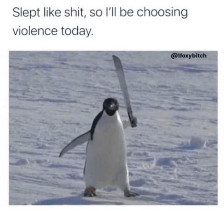 a penguin holding a knife in the snow