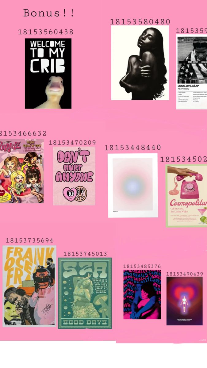 a pink poster with various posters on it