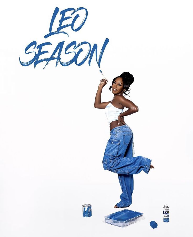 a woman is standing on top of cans and holding a sign that says leo season