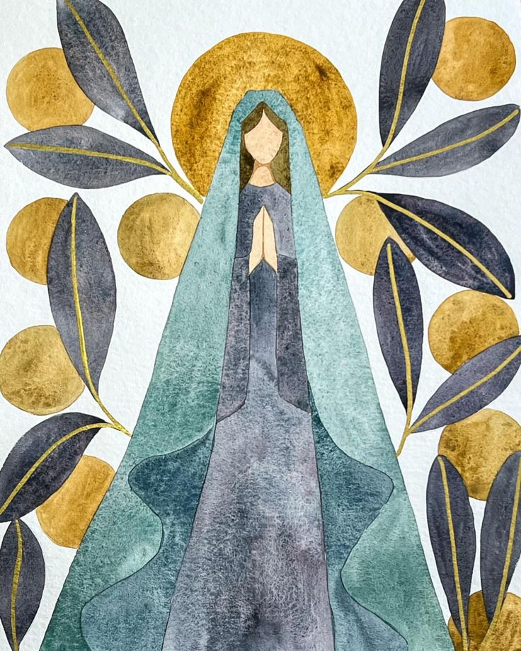 an image of the virgin mary surrounded by leaves and gold circles on a white background