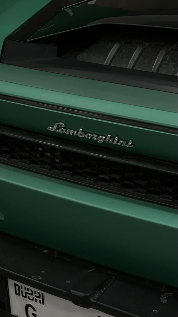 the back end of a green sports car with an emblem on it's grille