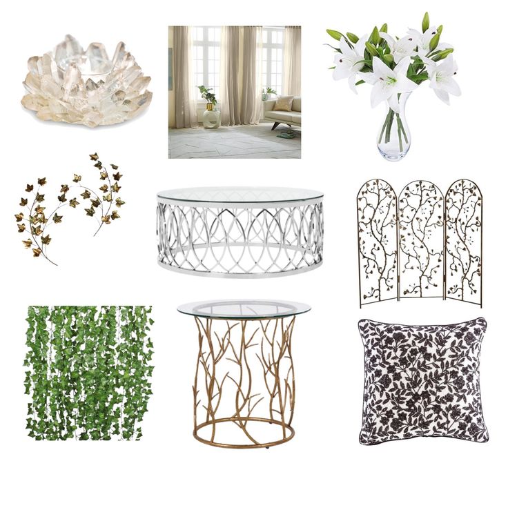 a bunch of different types of furniture and flowers in vases on a white background