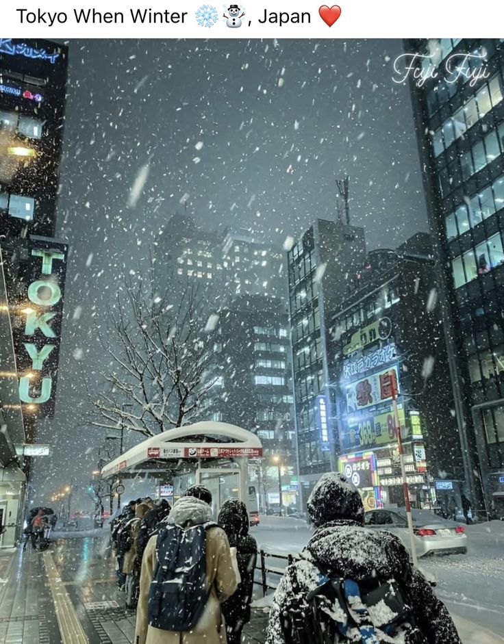 people are walking down the street in the snow