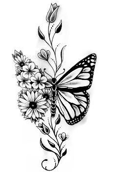 a black and white drawing of a butterfly with flowers