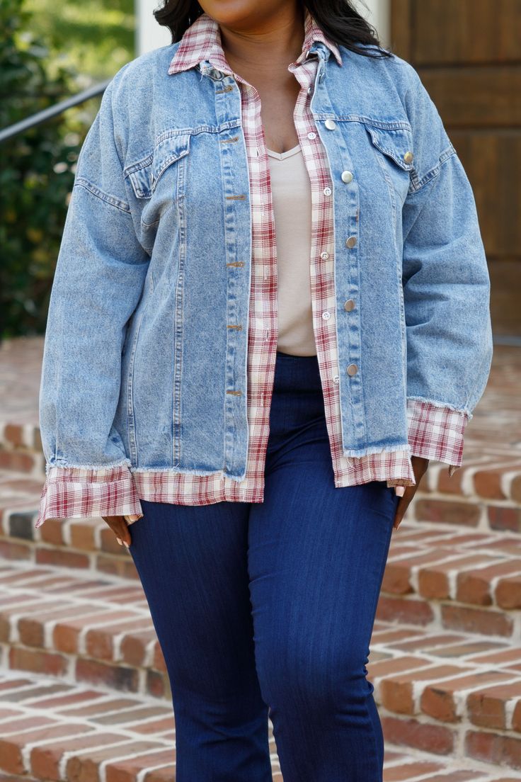 This jacket is so iconic! This jacket has a classic denim fabric with a chic light wash you can style with your favorite pieces! It's comfortable for all-day wear, has a flowy fit, and features a chic red plaid flannel detail! Simply pair this jacket with a basic top or graphic tee for an effortlessly trendy look! 89% Cotton, 11% Polyester Red Plaid Flannel, Model Fits, Basic Tops, Red Jacket, Plaid Flannel, Denim Fabric, Red Plaid, Graphic Tee, Graphic Tees