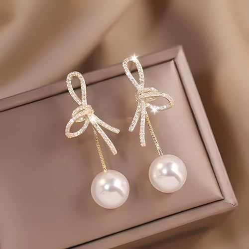 Diamond Bows, Pearl And Diamond Earrings, Women Earrings, Earrings Diamond, Rhinestone Bow, Bow Earrings, Trendy Earrings, Pearl Earrings Dangle, Pearl Drop Earrings