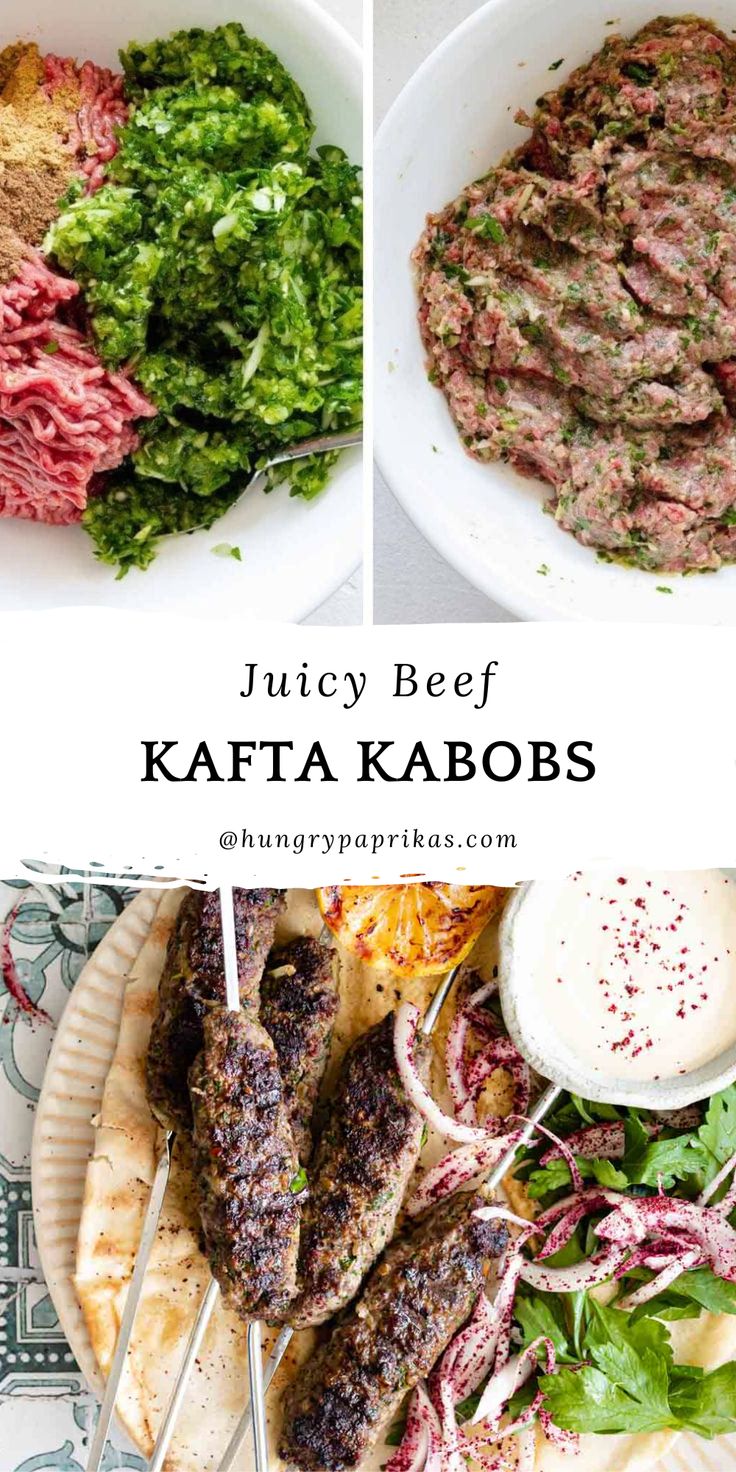 Top photo: ingredients for kafta kabobs in white bowls Bottom photo: skewers of beef kafta kabobs on pita bread with salad and white sauce Kafta Kabob Recipe Lebanese, Best Kofta Recipe, Ground Beef Kofta, Lamb Kafta Kabob Recipe, Kofta Recipe Lamb, Kafta Meat Recipe, Egyptian Kofta Recipe Beef, Beef Kafta Recipe, Beef Kofta Air Fryer