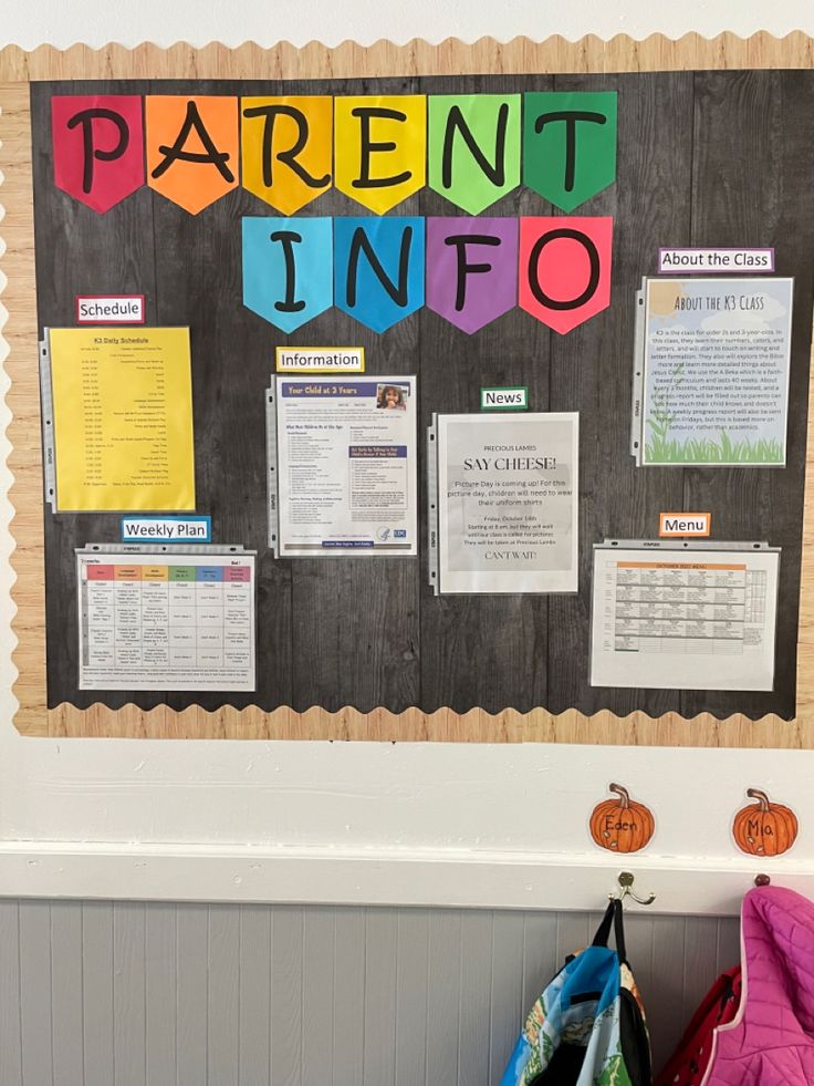 a bulletin board with some colorful papers on it