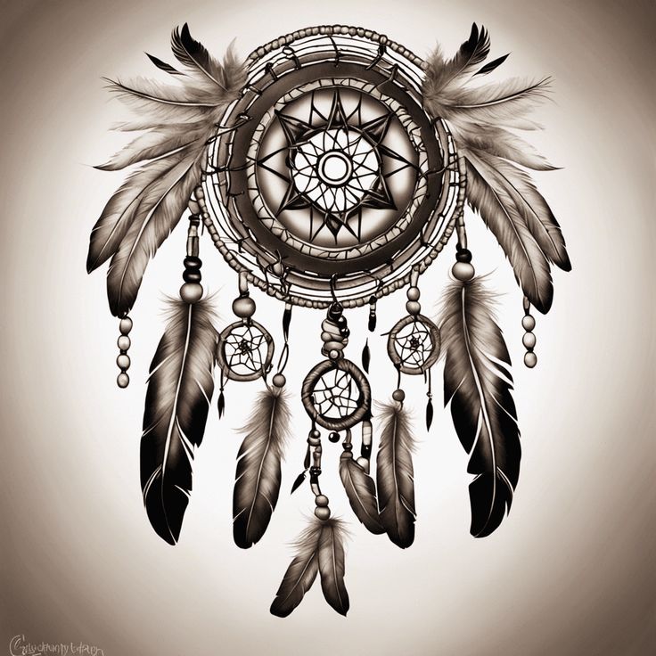 a drawing of a dream catcher with feathers