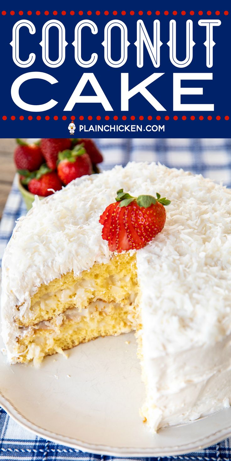 a close up of a cake on a plate with the words coconut cake in the background