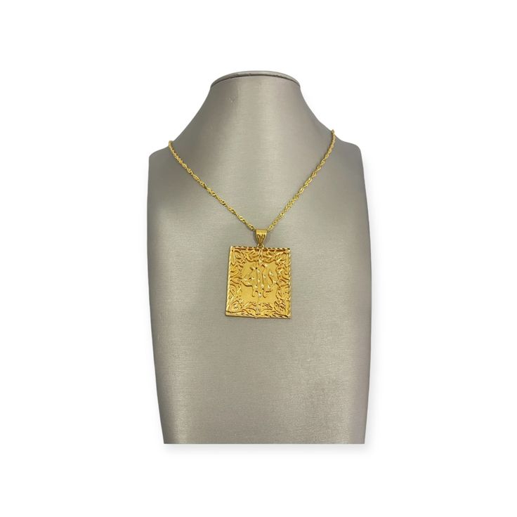 Discover the divine elegance of our 21K Gold Allah Pendant, a symbol of faith and devotion. Crafted in a sleek and timeless rectangle shape, this pendant encapsulates the reverence and beauty of spirituality. Embrace the radiance of this exquisite piece, as it delicately rests near your heart, honoring your connection to a higher power with its exquisite craftsmanship and golden allure. 22.84 grams Gold Plated Rectangular Pendant Jewelry, Gold-plated Jewelry With Rectangular Pendant, Gold-plated Rectangular Pendant Jewelry, Yellow Gold Rectangular Amulet Jewelry, Rectangular Yellow Gold Amulet Jewelry, Gold Rectangular Pendant Jewelry For Formal Occasions, Luxury Gold Rectangular Necklace, Luxury Gold Plated Jewelry With Rectangular Pendant, Luxury Gold Plated Rectangular Pendant Jewelry