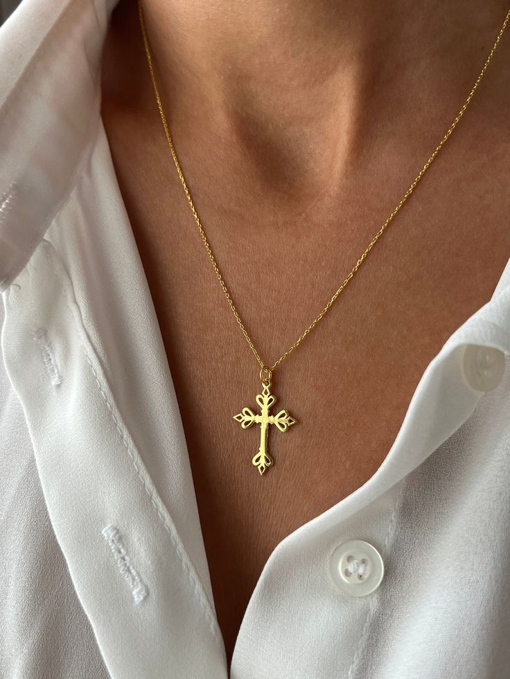 ✝️God bless you✝️ Get this cute jewelry made with the high quality elements✨ You can go with 925K Sterling Silver with the options of Gold, Rose Gold or White Gold finish Beautiful jewelry for everyone 💙 Details * 925K Sterling Silver → 14K Gold, Rose Gold or White Gold plated * Chain length is approximately either 18 inches  / 45 cm or 22 inches / 55 cm 18 inches (16+2 in extender) / 45 cm (40+5 cm extender) 22 inches (20+2 in extender) / 55 cm (50+5 cm extender) * Time is important! You will receive your package as soon as possible 🚚 * We care about the quality of metal to make sure it will last for a long time * We use enamel technique to color the jewelry and high quality zircons only * There can be tiny differences on each item, length difference of the chain as well as color change 14k Gold-filled Yellow Gold Cross Necklace As Gift, Dainty 14k Gold Cross Jewelry, 14k Yellow Gold Cross Pendant Charm Necklace, Yellow Gold Cross Pendant Charm Necklace As Gift, Yellow Gold Cross Charm Necklace Tarnish Resistant, 14k Gold Filled Cross Jewelry Gift, Gift 14k Gold Filled Cross Pendant Charm Necklace, Dainty Yellow Gold Cross Pendant Necklace, Delicate 14k Gold Cross Pendant Necklace