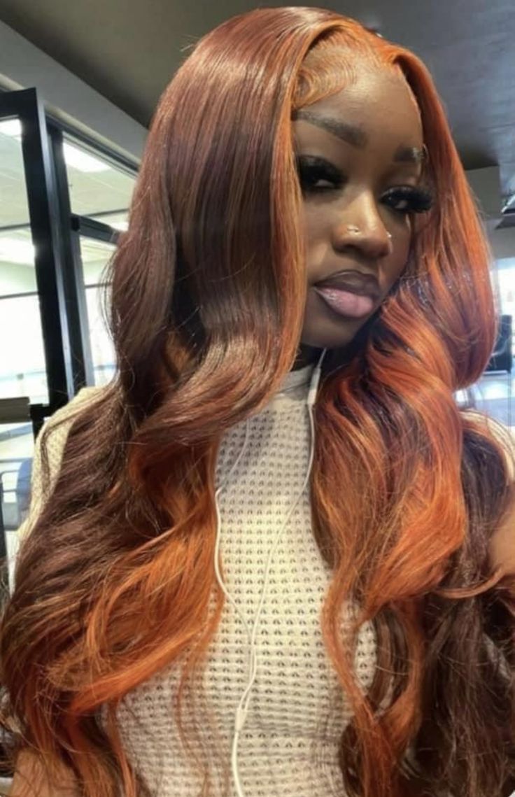 Blonde Brown Ginger Hair, Fall Weave Hair Color Black Women, Dark Brown To Ginger Hair, Two Tone Ginger Hair, Ombré Copper Hair, Copper Quick Weave, Dyed Hair On Dark Skin Women, Two Tone Hair Color Ideas Black Women, Ginger And Brown Hair