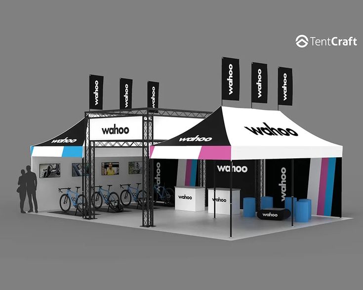 a trade show booth with an awning and bike racks on the side, in front of a gray background