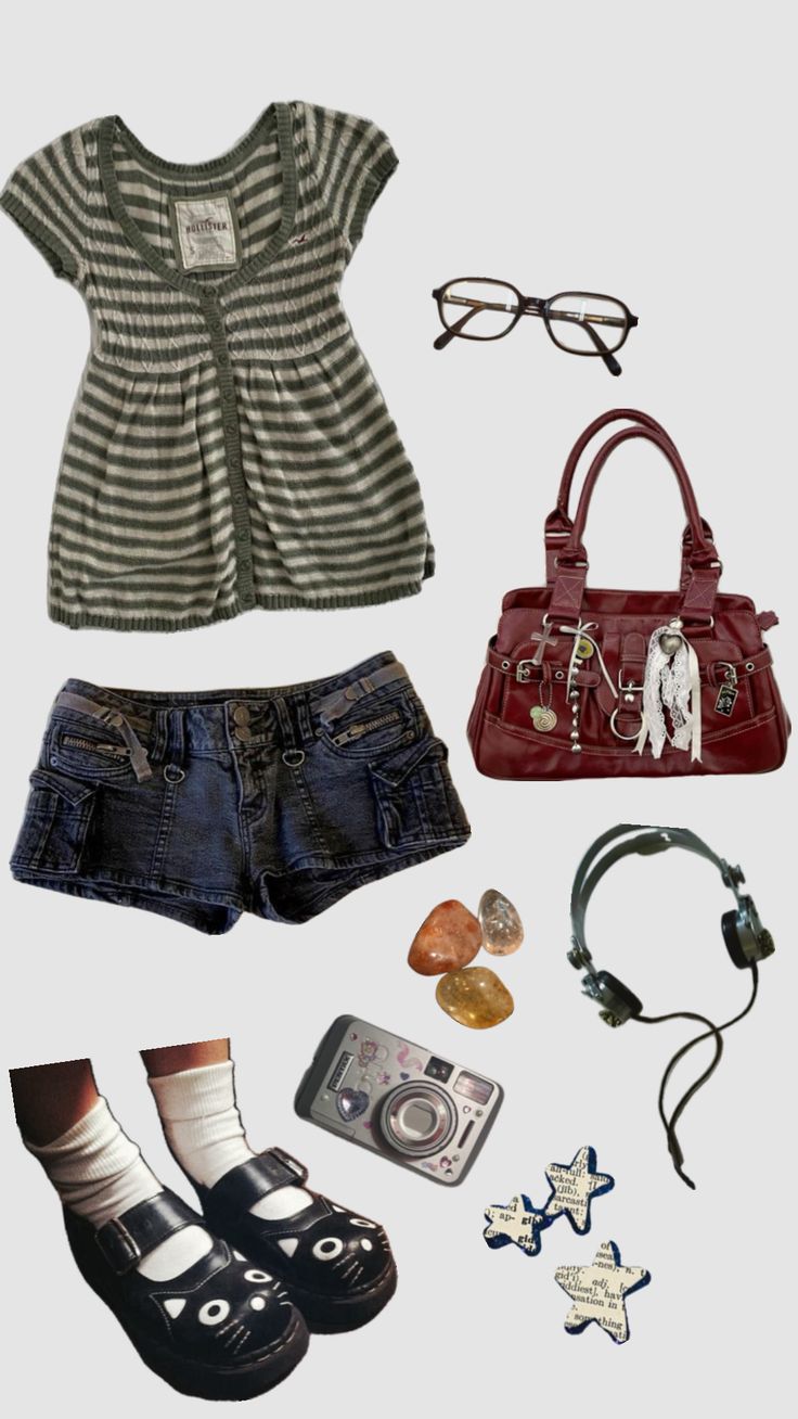 an assortment of clothing and accessories including shoes, handbag, sunglasses, headband