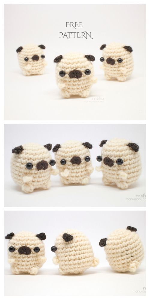 crocheted stuffed animals are shown in three different positions, one is white and the other is black