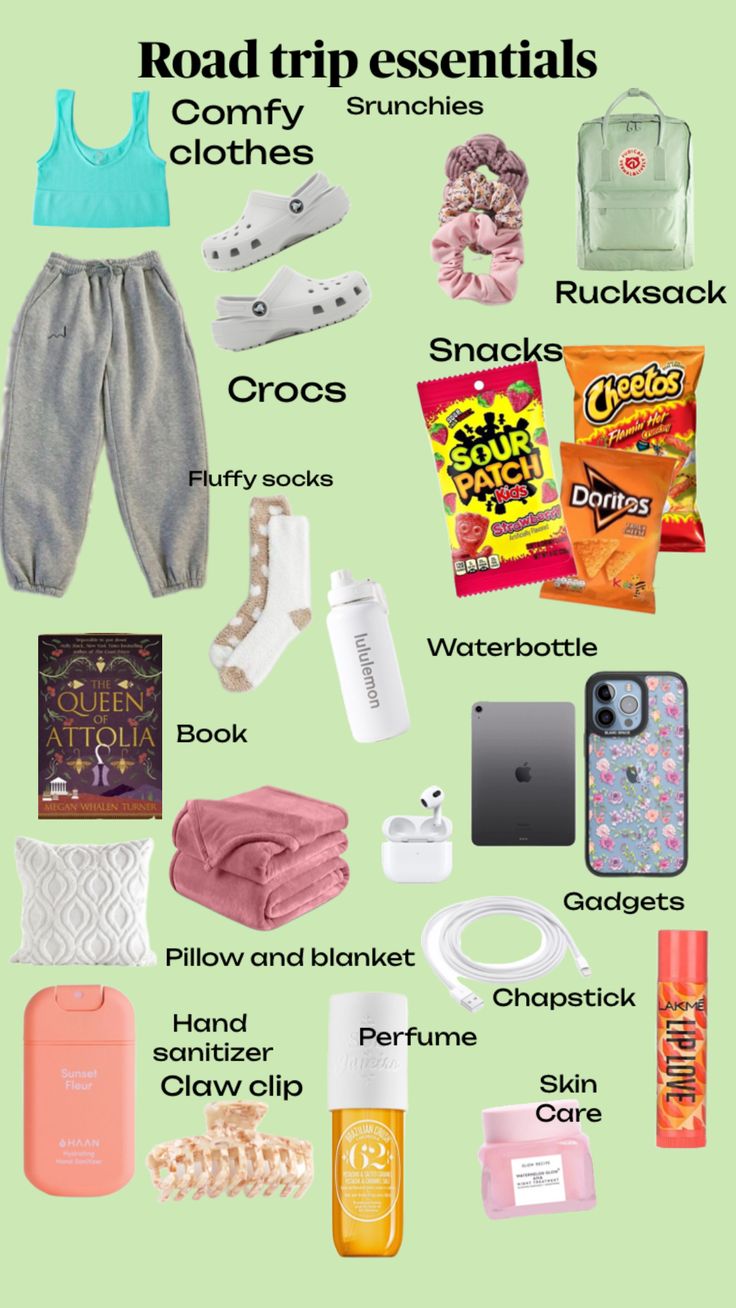 the road trip essentials list is shown in this graphic above it's image