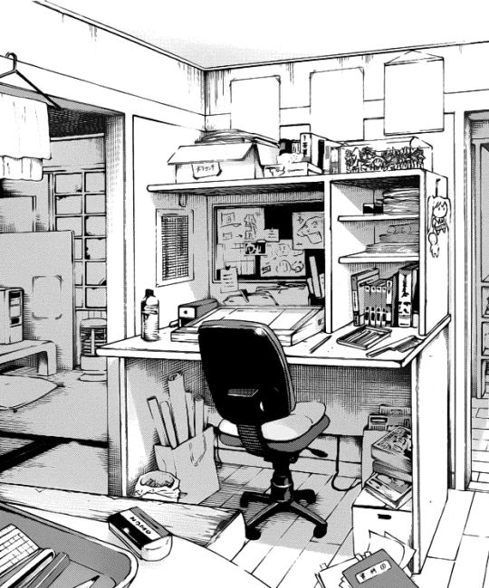 a black and white drawing of an office