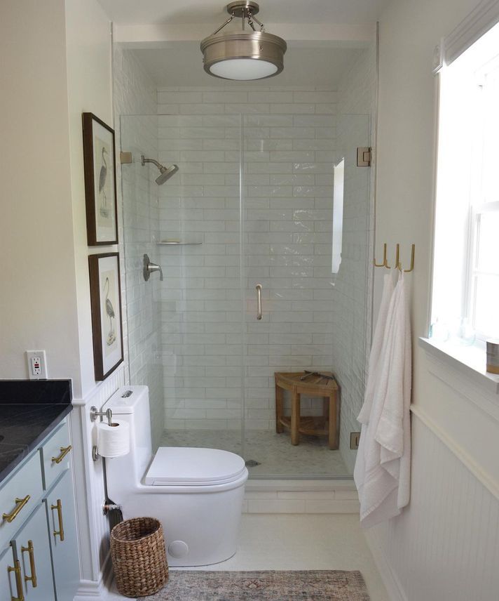 a bathroom with a shower, toilet and rug on the floor in front of it